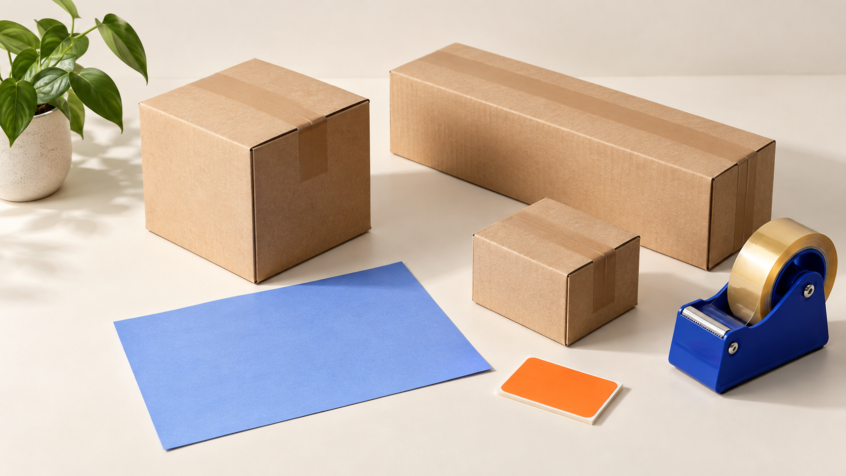 Illustrative packing workstation with kraft parcels and cobalt dispatch materials